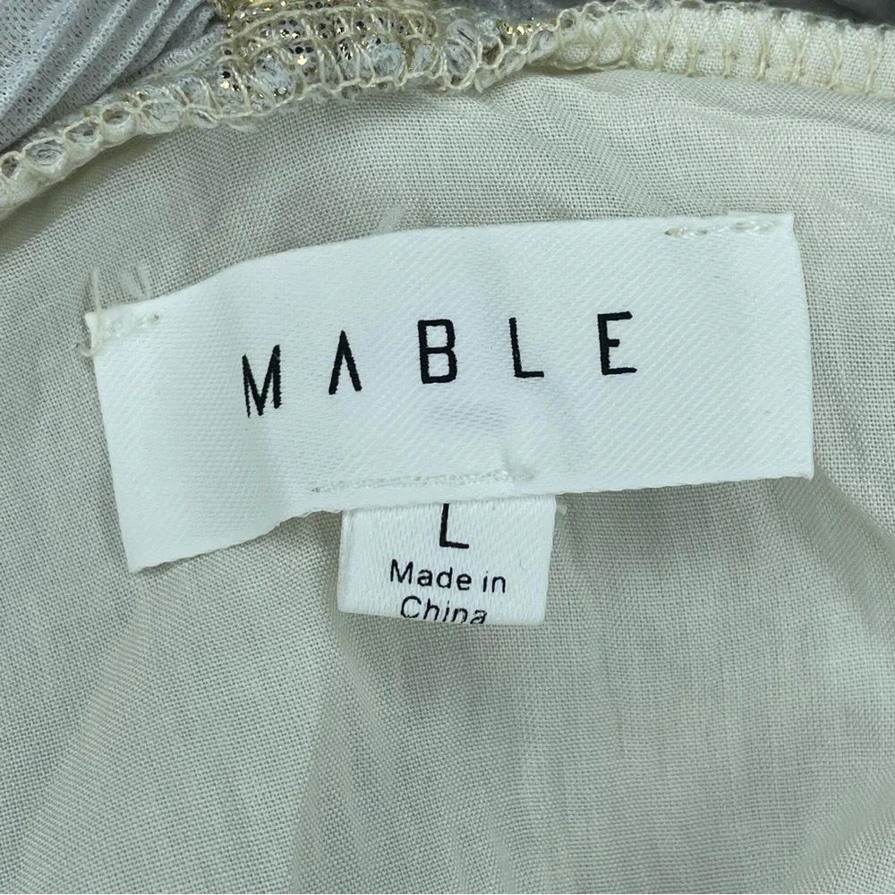 Mable Gold Plunge Neck Flowy Pleated Cocktail Dress Balloon Long Sleeve Mini L - Picture 9 of 13